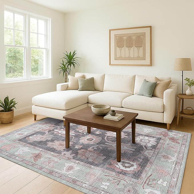 Fame Living Green Oushak Rug, Modern, Vintage, Turkish, Eclectic, Floral, Pastel, Washable, Area Rugs for Living Room, Dining, Bedroom, Office, Entryway, Foyer, Playroom, Nursery, 5'x6'9"