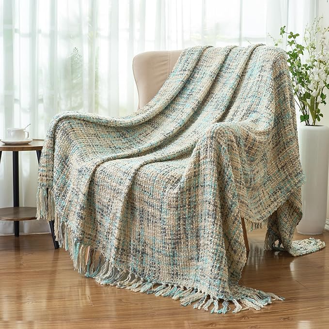 Multi-Color Blue Grey Cable Knitted Throw Blanket for Couch,60"X80" Boho Style Textured Blankets for Home Decor,Super Soft Warm Cozy Chunky Knit Blanket with Decorative Tassels for Bed