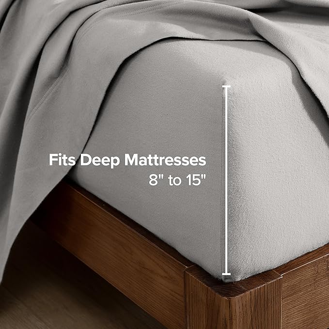 Bare Home Flannel Fitted Bottom Sheet 100% Cotton, Velvety Soft Heavyweight - Double Brushed Flannel - Deep Pocket (Full, Light Grey)