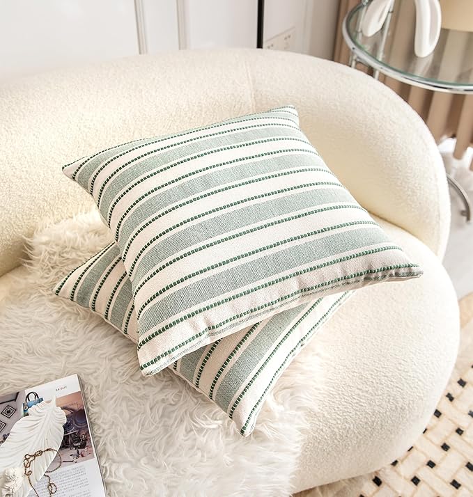 Decorative Boho Throw Pillow Covers, Farmhouse Textured Pillow Case, 18 x 18 Inch Set of 2, Chair Sofa Bedroom Living Room Home Decor Couch Cushion Case, Green and Beige Striped