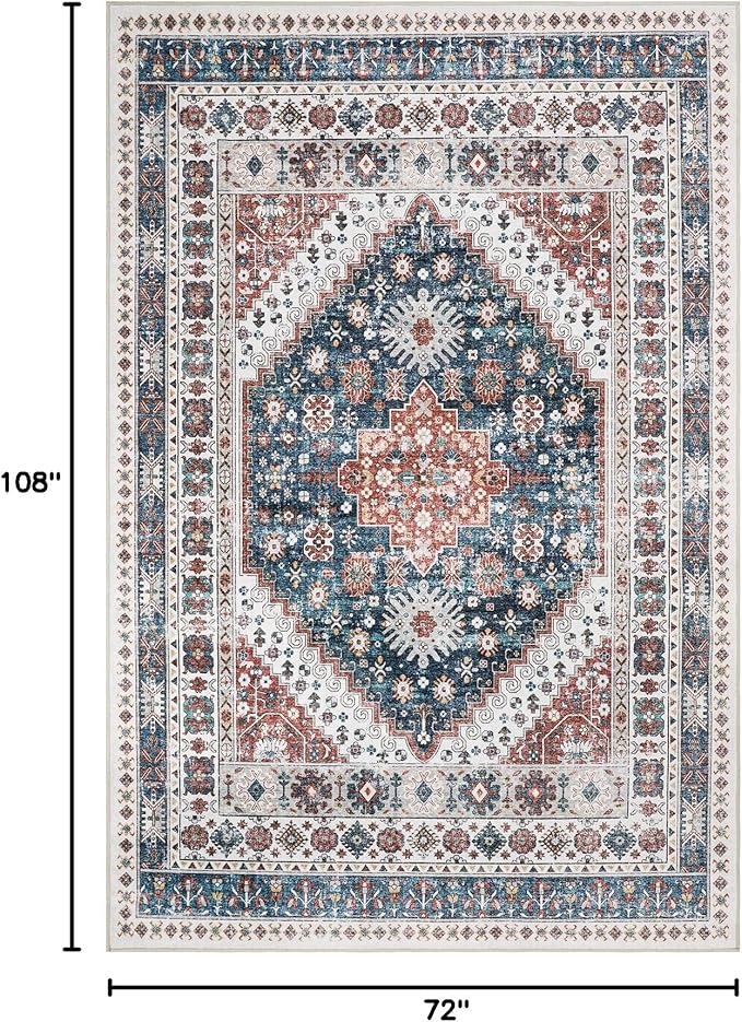 zesthome 6x9 Area Rug, Super Soft Washable Rugs for Living Room, Non-Slip Stain Resistant Vintage Rugs, Ultra-Thin Large Area Rugs (Navy Blue/Red,6'x9')