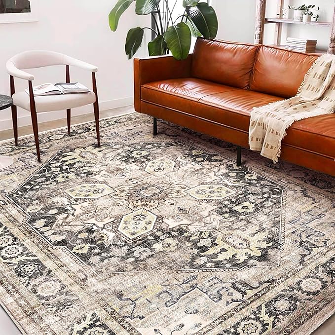 Area Rug 6'x9' Black-Purple Khaki Washable Vintage Traditional Floor Cover Thin Retro Kitchen Indoor Distressed Non Slip Carpet for Living Room Bedroom Dining Room