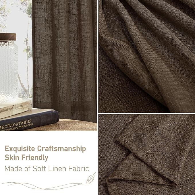 LAMIT 36 Inch Length Linen Curtains for Small Windows, Semi Sheer Light Filtering Panels Back Tab and Rod Pocket Neutral Drapes for Basement/Window/Loft Room, Dark Brown, 2 Panels, 34 x 36 Inch