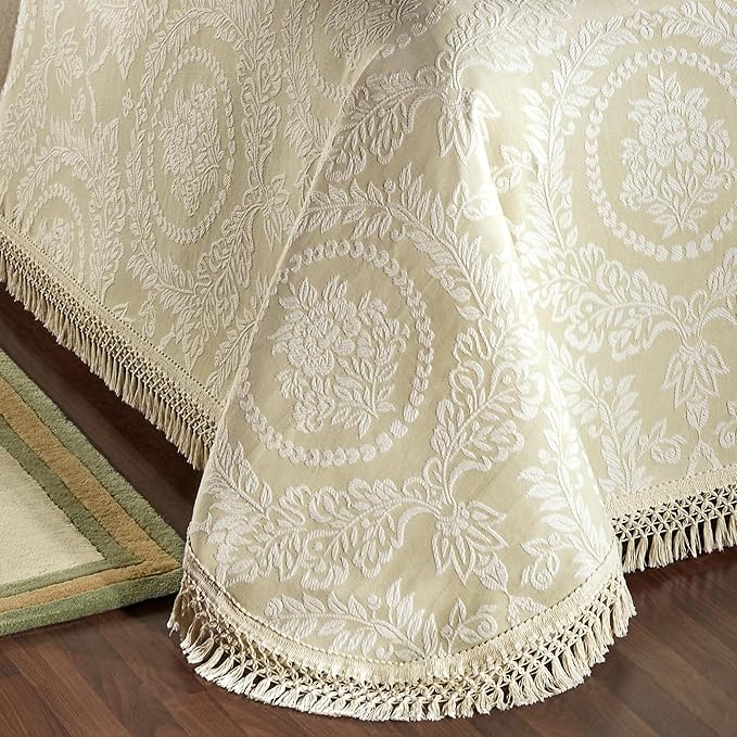 Timeless Vintage Style Bedding with Fringe Edges | Neutral Sage and Ecru | Textured Matelasse Rose Medallions and Leaves | 3 Piece Lightweight Bed Set: Oversized King Bedspread & 2 King Pillow Shams