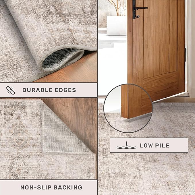 Washable Non Slip Stain Resistant 2x5 Runner Rug for Bathroom, Kitchen, Laundry Room, Bedroom Beside Bed, Unique Tan Distressed Abstract Eclectic Runner Décor, Beige Brown