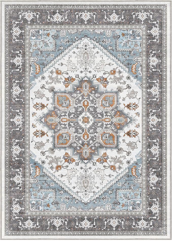 OPPODREAM Thin 10x14 Area Rugs, Washable Rugs 10x14 with Non Slip Backing, Low-Pile Faux Cashmere 10 x 14 Carpet, Grey & Teal & Yellow