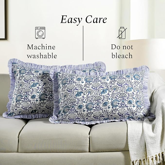 CPC Indigo Blue 100% Cotton Block Print Ruffle Sham Cover 20X36 inch Pack of 2, Handmade Boho Floral Pillowcase, Soft Decorative King Bed Pillow Cover for Bedroom Décor