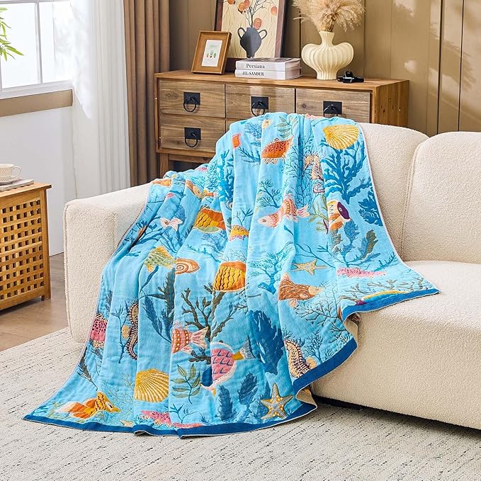 Blue Boho Blanket, 80"x90" Soft Farmhouse Decorative Throw Blanket, 100% Cotton Reversible Vintage Muslin Quilt Bohemian Decor Woven Blanket All Season Blankets for Sofa Couch Chair