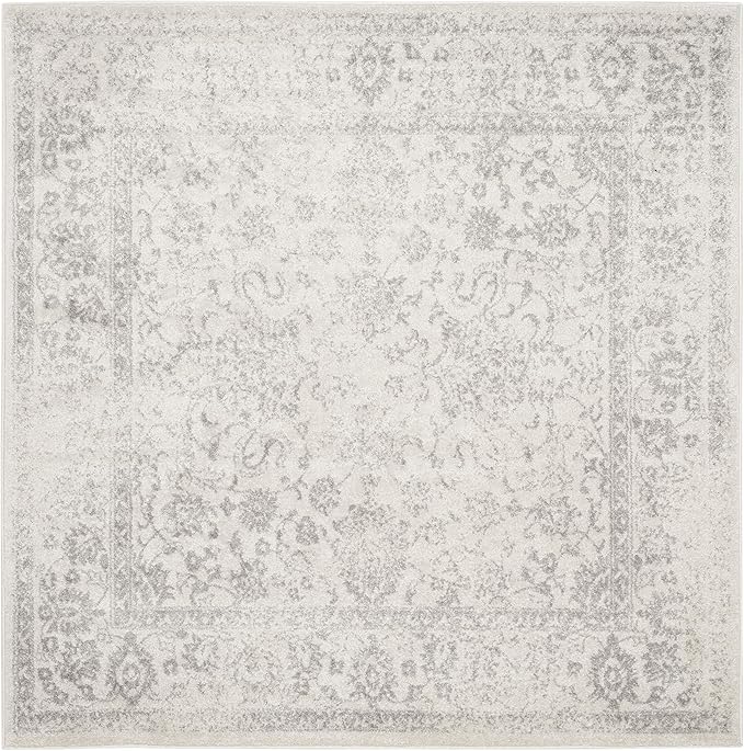 SAFAVIEH Adirondack Collection Area Rug - 6' Square, Ivory & Silver, Distressed Vintage Floral Design, Non-Shedding & Easy to Clean, Ideal for Living Room, Bedroom, Dining Space (ADR109C)