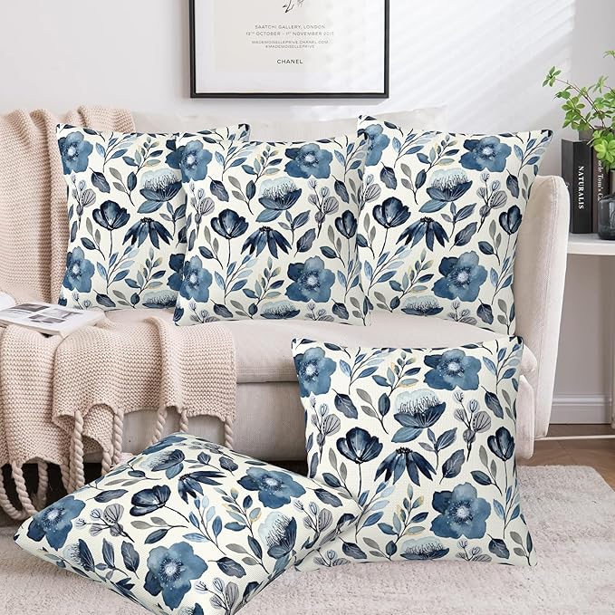 Throw Pillow Covers Blue Floral Pillow Covers 18x18 Inch Set of 2 Throw Pillows Decorative Pillow Cases Cushion Covers for Bedroom Livingroom Sofa Farm House
