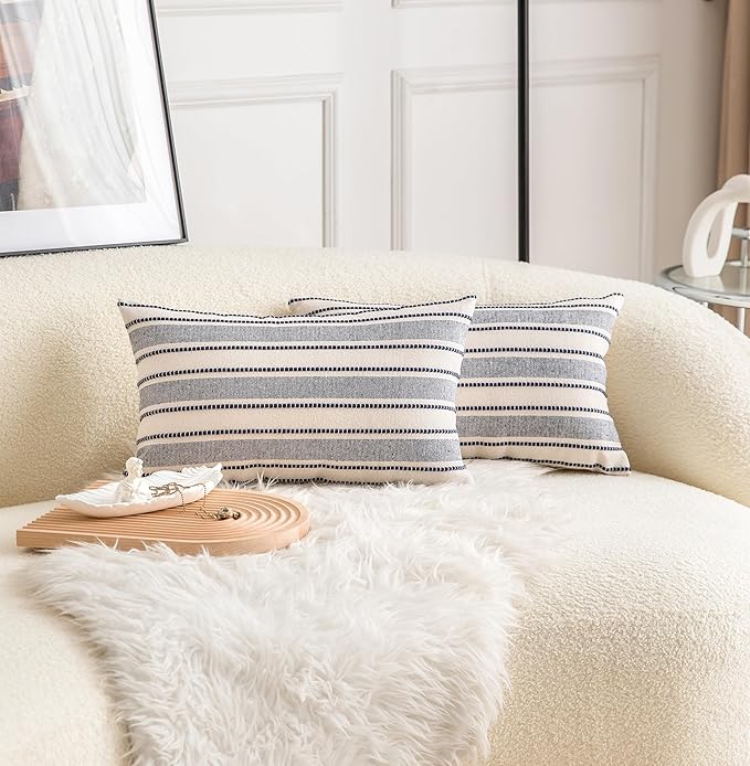 Decorative Boho Lumbar Throw Pillow Covers, Farmhouse Textured Pillow Case, 12 x 20 Inch Set of 2, Chair Sofa Bedroom Living Room Decor Couch Cushion Case, Navy Blue and Beige