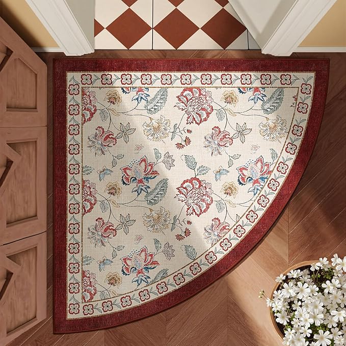 jinchan Elora Floral Corner Rug for Entryway Washable Rug Vintage Romance Christmas Design Non Slip Quarter Circle Lightweight Low-Pile Throw Carpet for Playroom Nook Nursery, 4ft Radius, Red/Beige