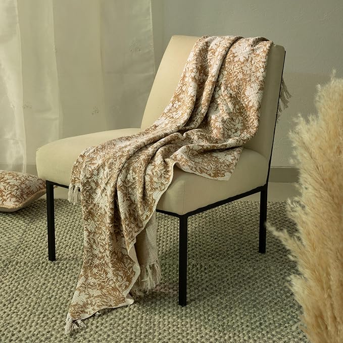 100% Pure Cotton Handblock Printed Throw Blanket, Soft 50" x 60" Fringed Floral Print Throw for Couch, Sofa, Chair, Bed - Cozy, Machine Washable, Comfortable Home Decor