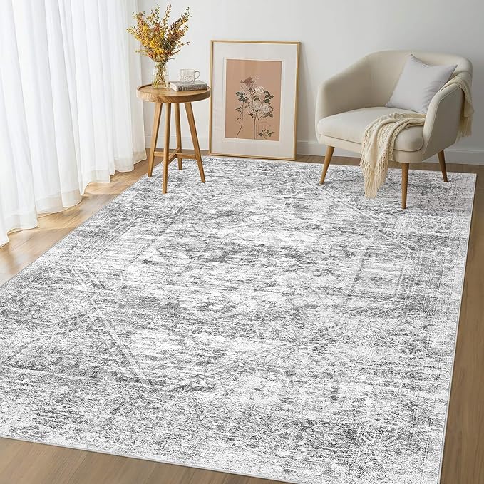 Vintage Living Room Area Rug 8x10 - Large Soft Washable Oriental Traditional Distressed Farmhouse Rugs for Bedroom - Indoor Floor Accent Carpet for Home Office House Decor - Distressed Grey