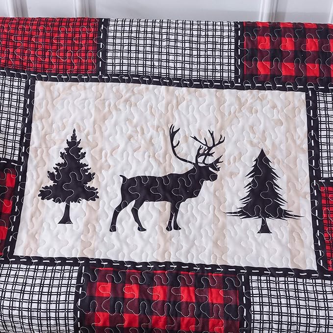 Soul & Lane Deer in The Pines 50" x 60" Lightweight Buffalo Plaid Blanket: Christmas Rustic Bedding Quilted Throw, Check Black and Red Quilt, Holiday Outdoor Coverlet, Lodge Winter Lap Comforter