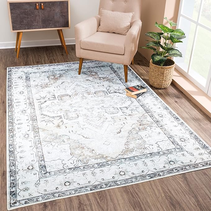Bloom Rugs Washable Non-Slip 5' x 7' Rug - Brown/Beige/Charcoal Traditional Area Rug for Living Room, Bedroom, Dining Room, and Kitchen - Exact Size: 5' x 7'