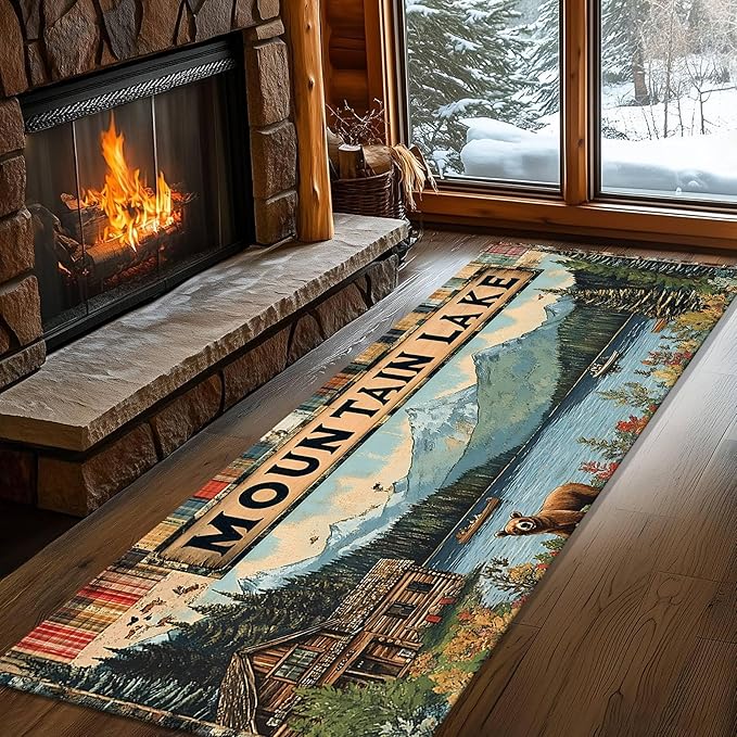 Colorful Oil Painting Bear Rug 4x10ft with Mountain Cabin - Bohemian Non-Slip Rug for Living Room, Washable Foldable Carpet, Forest River Landscape Decor