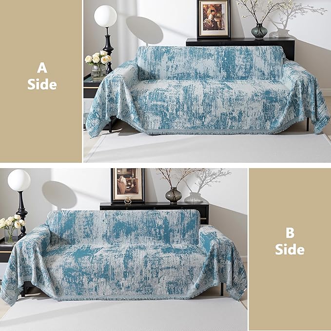 MEETSKY Boho Sofa Cover Sofa Slipcover Thick Chenille Blue Couch Cover for 3-4 Cushion Couch Sofa Reversible Universal Couch Cushion Cover XXL Sofa Protector for Dog Cat, 91"x150"