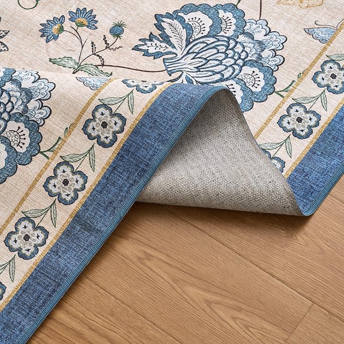 jinchan Elora 8ft Floral Round Rug for Dining Room Washable Living Room Rug Vintage Romance Design Non Slip Indoor Floor Cover Lightweight Low-Profile Throw Carpet for Bedroom Porch Patio, Blue/Beige