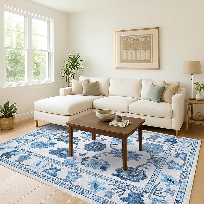 Fame Living Navy Blue Oushak Rug, Modern, Vintage, Turkish, Eclectic, Floral, Pastel, Washable, Oversized, Extra Large Area Rugs for Living Room, Dining, Bedroom, Lounge 9'5"x14'