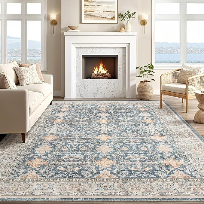 Vintage Living Room Area Rug 10x12 - Large Soft Washable Oriental Traditional Distressed Farmhouse Rugs for Bedroom - Indoor Floor Accent Carpet for Home Office House Decor - Dark Blue