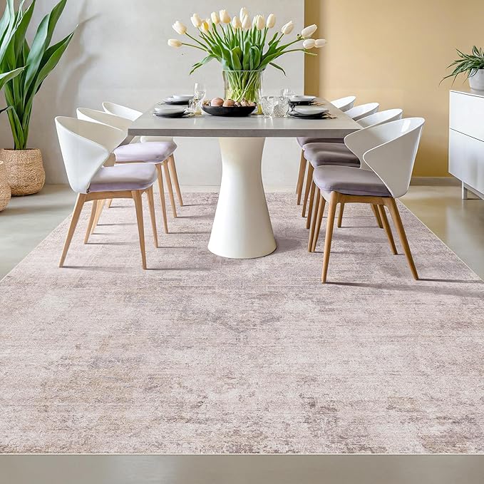 Modern 10x12 Area Rug for Living Room - Large Bedroom Rug Under Bed, Pink and White Distressed Medallion Pattern, Ultra Soft Washable Non Slip Lightweight Thin Foldable