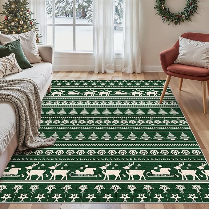 Abstract Living Room Rug 5X7 - Modern Washable Christmas Soft Thin Area Rug for Living Room Bedroom Under Dining Table - Neutral Indoor Floor Rug Carpets for Home Office Playroom Nursery - Dark Green