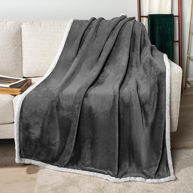 PAVILIA Sherpa Fleece Throw Blanket for Couch, Twin Size, Dark Grey, Plush Soft Fuzzy Sofa Blanket, Cozy Reversible Winter Throw for Women Men, 60x80 Inches