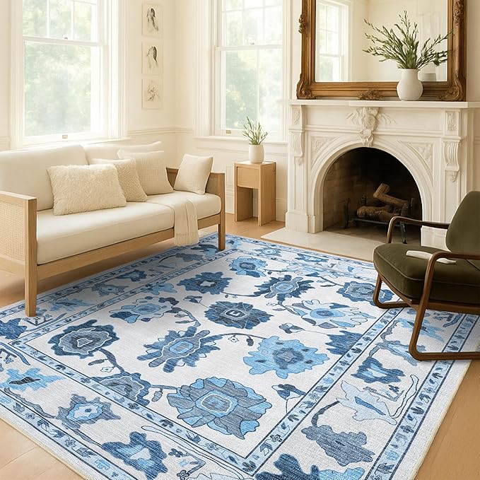 Fame Living Navy Blue Oushak Runner Rug, Modern Runners, Vintage, Turkish, Eclectic, Floral, Pastel, Washable, Long Runner Rugs for Hallway, Kitchen, Living Room, Bedroom, Kitchen, Bathroom, 2'5"x13'