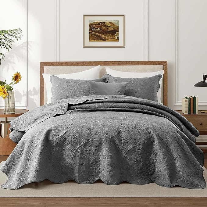 IR Imperial Rooms 10 Pack Queen Quilt Bedding Set (90" x 96") - Bulk Wholesale for Hotels, Guest Bedroom & Airbnbs - Lightweight Microfiber Reversible Floral Embossed Quilts Bedspreads (Grey)