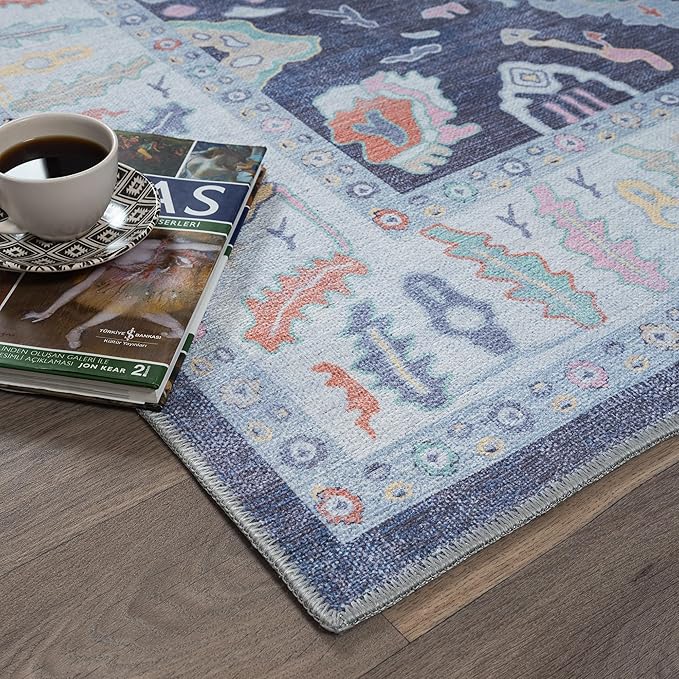 Fame Rugs Navy Blue Modern Oushak Rug 9x12, Vintage Turkish Colorful Oriental Washable Antique Inspired Oversize Area Rugs, Luxury Living Room Bedroom (386PBL, 9' x 12) (388NB, 9' x 12)