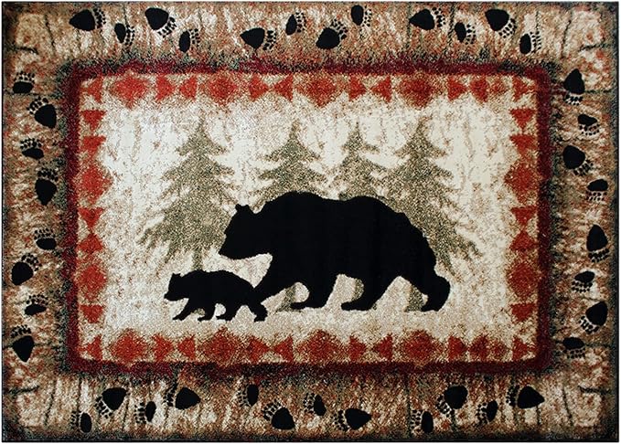 Masada Rugs, Cabin Lodge Area Rug Bear and Cub Scene (6 Feet X 9 Feet)