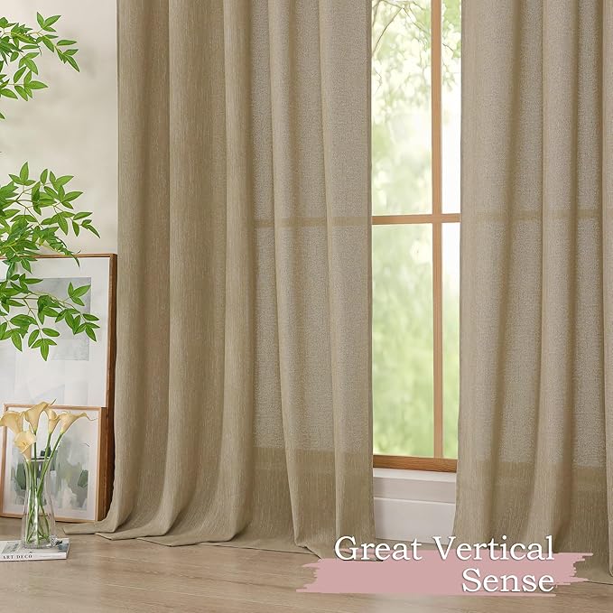Simplebrand Taupe Faux Linen Textured Semi Sheer Curtains 96 Inches Long 2 Panels Set, Light Filtering Soft Thick Farmhouse Curtains Window Treatment for Bedroom/Living Room/Dining Room, 50 x 96 Inch