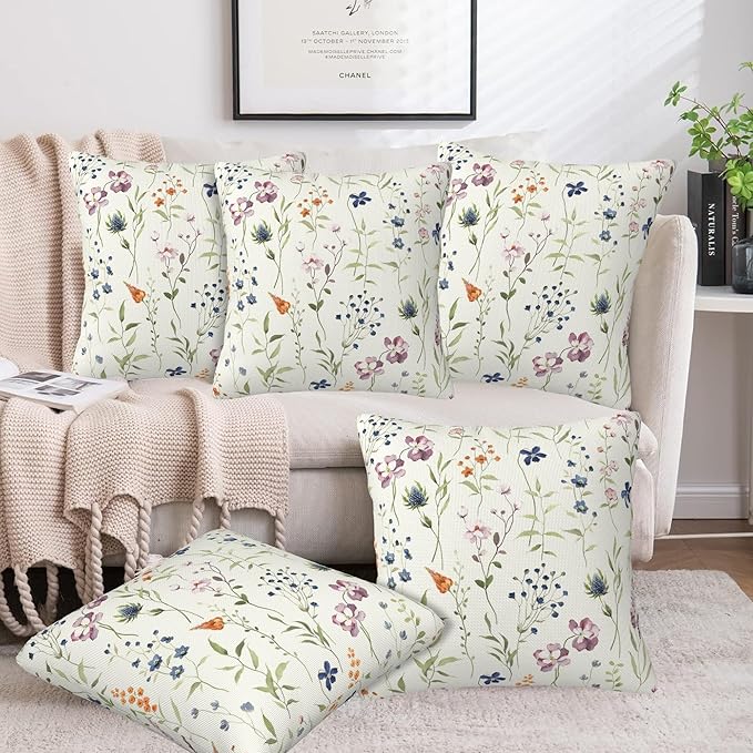 Throw Pillow Covers Spring Summer Floral Pillow Covers 16x16 Inch Set of 2 Watercolor Flowers Throw Pillows Decorative Pillow Cases Cushion Covers for Bedroom Livingroom Sofa Farm House