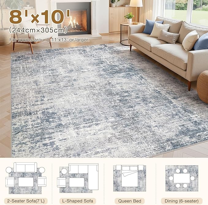 Abstract Living Room Rug 8x10 - Modern Washable Soft Thin Area Rug for Living Room Bedroom Under Dining Table - Neutral Indoor Floor Rug Carpets for Home Office Playroom Nursery - Blue Grey
