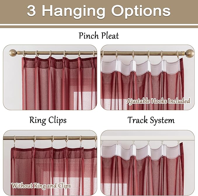 MAIHER Burgundy Red Pinch Pleat Sheer Curtains 84 Inches Long for Bedroom Soft Touch Light Filtering Lightweight Pleated Drapes with Hooks, Burgundy, 42" W x 84" L, 2 Panels
