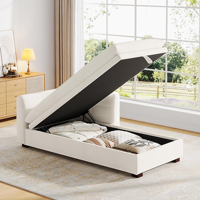 VANOMi Oversized 70.47'' Chaise Lounge Chair Indoor with Storage Space, Modern Upholstered Sofa Bed with Thick Cushion and Left Armrest, Boucle Leisure Recliner for Living Room, Bedroom, Office, White