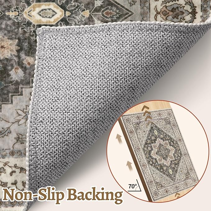 Tangsoo 9x12 Vintage Area Rugs for Living Room, Washable Indoor Non Slip Large Area Rugs, Print Distressed Grey Carpet, Soft Low Pile Rug Foldable Floor Rug for Bedroom Dining Room Dorm