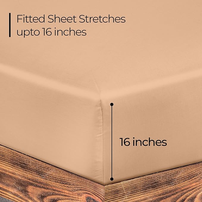 ROYALE LINENS 300 Thread Count 100% Long Staple Combed Cotton Fitted Sheet Queen - Super Soft Deep Pocket Bottom Sheet - Fitted Sheets Only - Elastic Sheets (Queen, Sand)