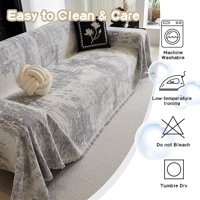 MEETSKY Small Boho Couch Cover Sofa Covers Washable, Chenille Soft Throws Cover for Love seat, Abstract Geometric Sofa Slipcover Multi-Use Furniture Protector for Dogs Pets, 71" x 102", Light Grey