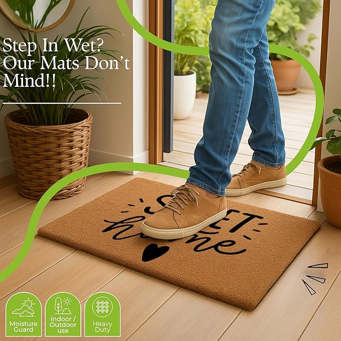 Coir Door Mats 17" X 30", Non-Slip Sturdy, PVC Backed Heavy Duty, Easy to Clean, Ideal for Door Entrance, Patio, Porch, Backyard, Garages, Sweet Home with Hearts