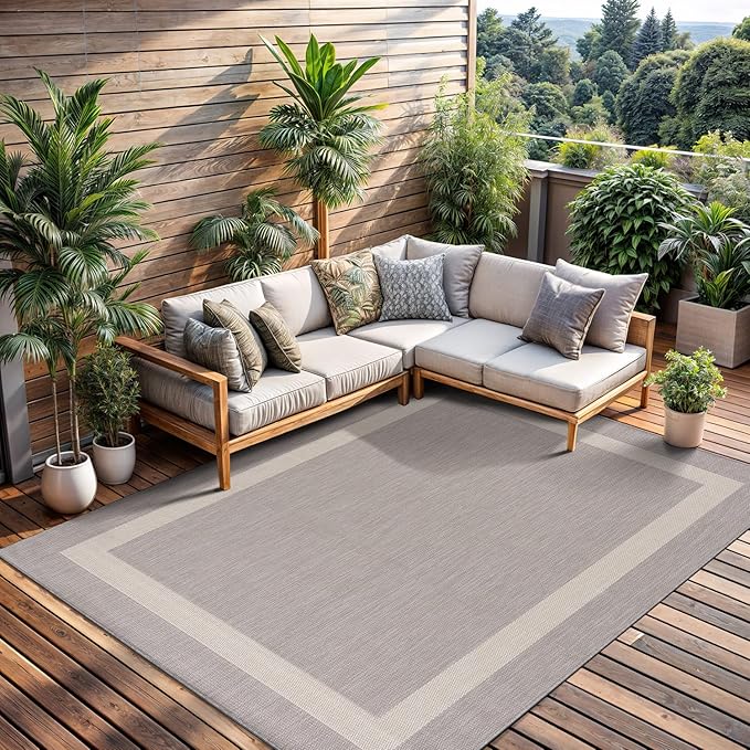 CAMILSON Outdoor Rug 6x9,Modern Outside Rugs for Patios Porches Waterproof Durable Washable Non-Shedding, Easy-to-Clean Indoor Outdoor Area Carpet (6 x 9, Bordered - Gray/White)