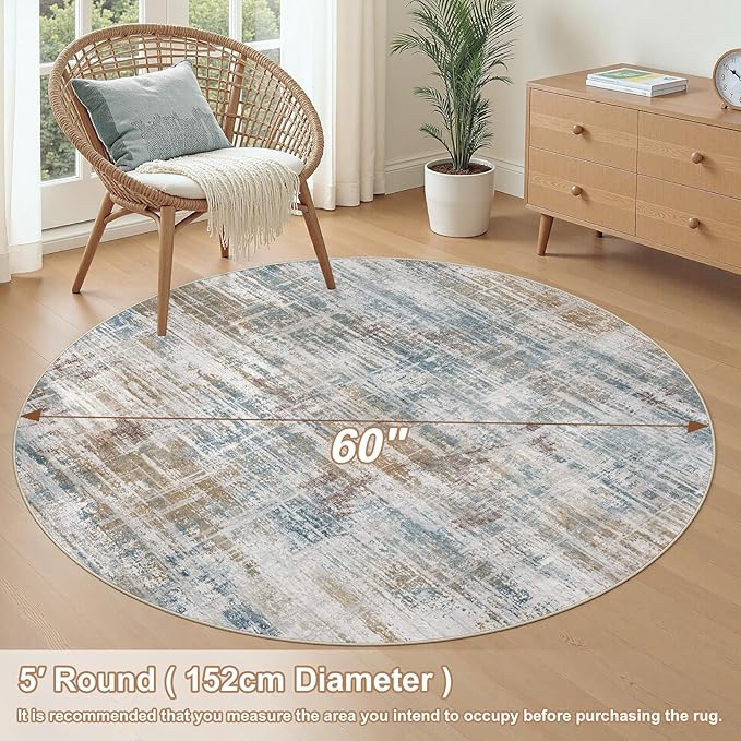 5ft Round Area Rug for Living Room: 5x5 Washable Neutral Abstract Modern Soft Rugs Non Slip Indoor Floor Stain Resistant Carpet for Bedroom Dining Room Office Nursery - Blue Brown