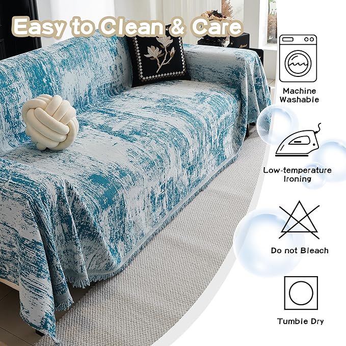 MEETSKY Boho Sofa Cover Sofa Slipcover Thick Chenille Blue Couch Cover for 3-4 Cushion Couch Sofa Reversible Universal Couch Cushion Cover XXL Sofa Protector for Dog Cat, 91"x150"