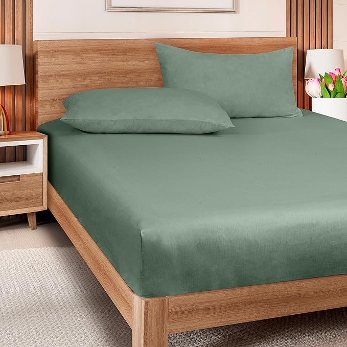 ROYALE LINENS 300 Thread Count 100% Long Staple Combed Cotton Fitted Sheet Queen - Super Soft Deep Pocket Bottom Sheet - Fitted Sheets Only - Elastic Sheets (Queen, Sage Green)