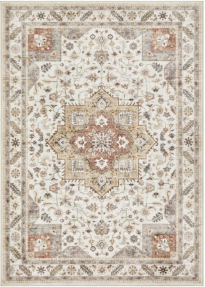 Vintage Living Room Area Rug 8x10 - Large Soft Washable Oriental Traditional Distressed Farmhouse Rugs for Bedroom - Indoor Floor Accent Carpet for Home Office House Decor - Golden Taupe