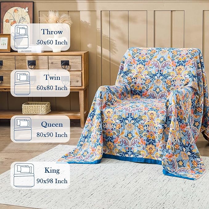 Blue Orange Fall Blanket 50"x 60" Boho Throw Blankets for Couch Bed Chair, 100% Cotton Quilts Warm Soft Blanket Muslin Bed Blankets Home Decor Farmhouse Warm Throws Gifts for Women Mom