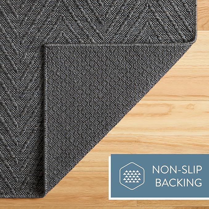 TOWN & COUNTRY BASICS Pax Herringbone Textured Solid Everwash® Washable Area Rug, Low Pile, Non-Slip Backing, Easy Clean Pet & Family Friendly Rug, Dark Grey, 8' Round