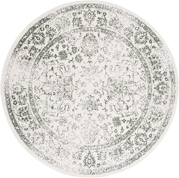 SAFAVIEH Adirondack Collection Area Rug - 4' Round, Ivory & Dark Green, Distressed Vintage Floral Design, Non-Shedding & Easy to Clean, Ideal for Living Room, Bedroom, Dining Space (ADR109X)