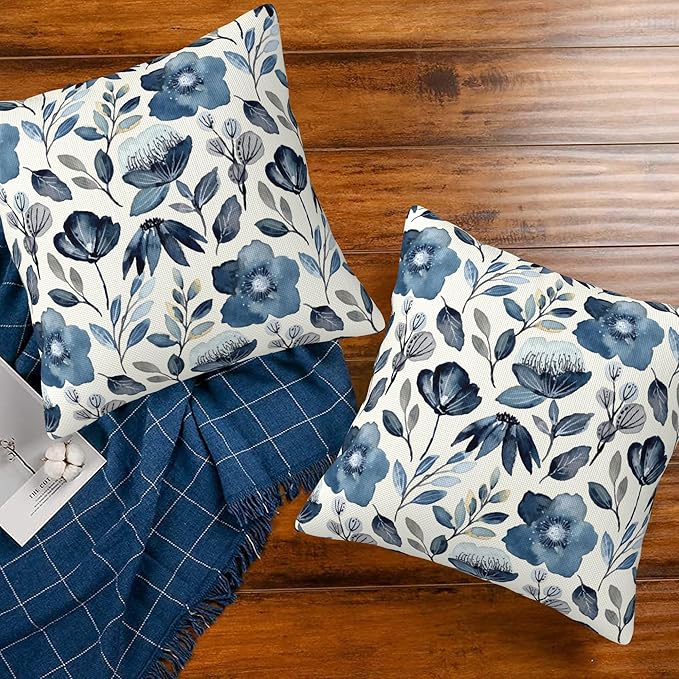 Throw Pillow Covers Blue Floral Pillow Covers 20x20 Inch Set of 2 Throw Pillows Decorative Pillow Cases Cushion Covers for Bedroom Livingroom Sofa Farm House